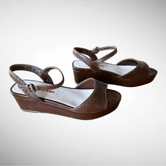 PRADA BROWN WEDGE SANDALS SIZE 37 - Picture 10 of 16